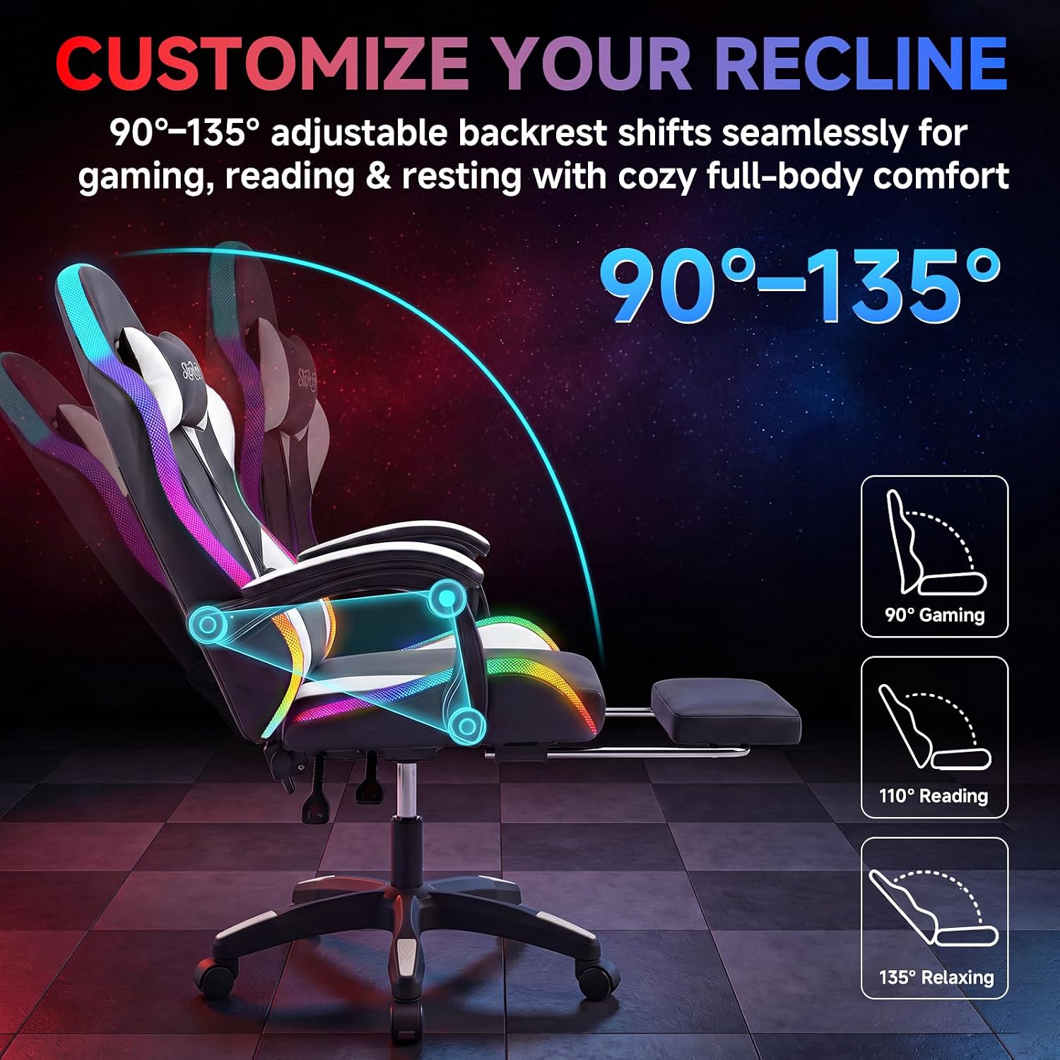 RGB LED Gaming Chair with Speakers & Footrest - Ergonomic High Back Racing Style Video Game Chair, Reclining Computer Desk Chair with Massage Lumbar Support & Headrest, 350lbs Heavy Duty