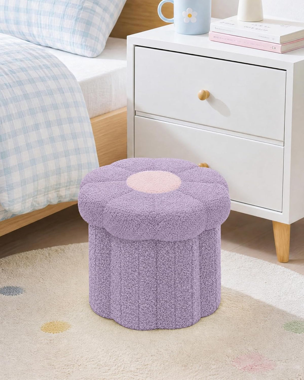B FSOBEIIALEO Storage Ottoman Foldable, Sunflower Shaped Small Footrest Collapsible Folding Seat Bench for Bedroom Living Room Entryway, Faux Teddy Fur, Purple 12.6"x12.6"x11.4"