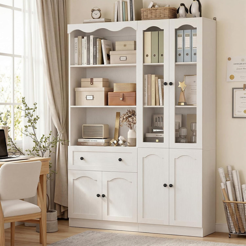 Cyclysio 2-Piece Pantry Cabinet Set, 80" Tall Kitchen Pantry Storage Cabinets with Glass Doors, Open Shelves and Drawer, White Pantry Hutch Set with Adjustable Shelf, 3.15" Baseboard Cutout