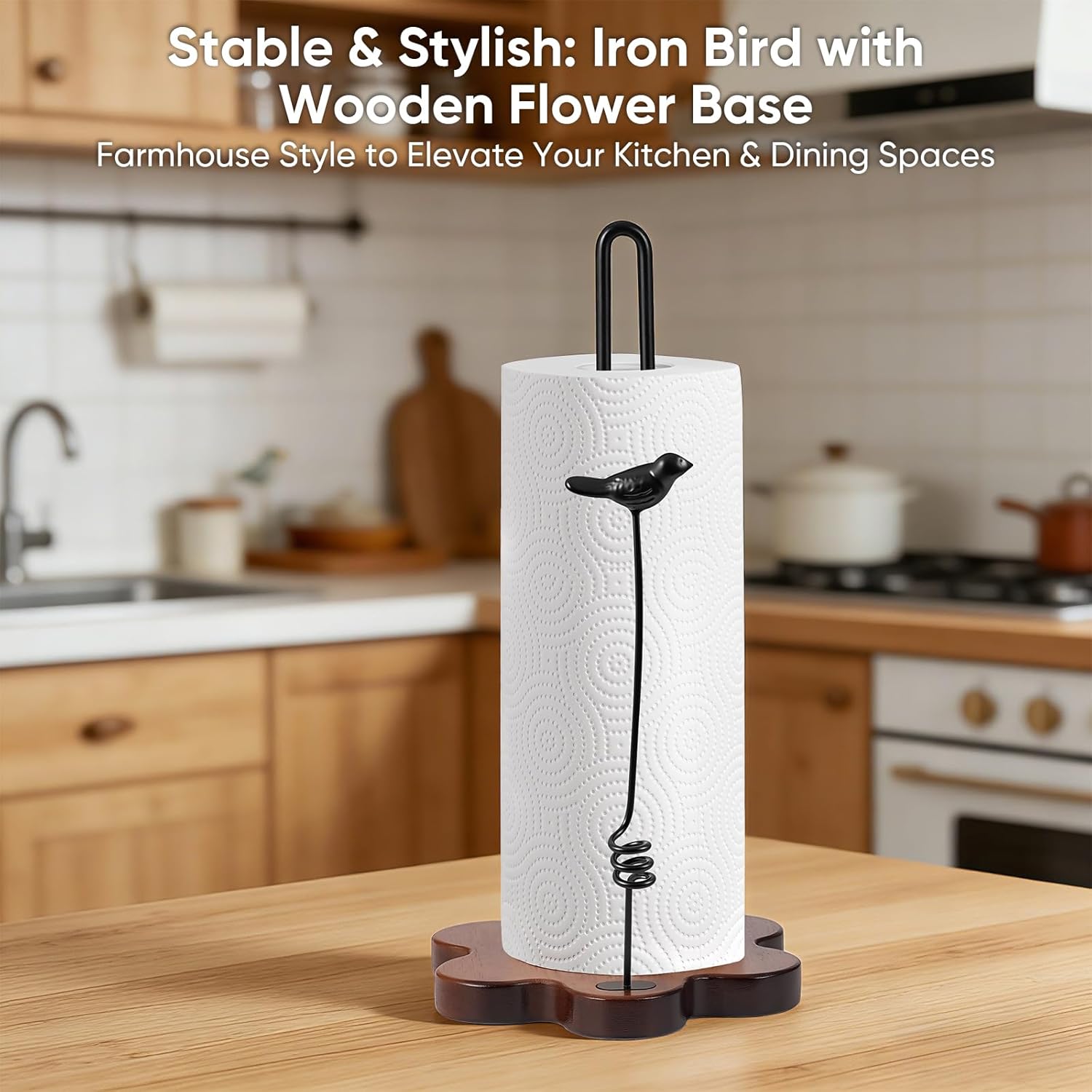 Wood Paper Towel Holder Countertop,Flower Shaped Wood Base with Decorative Spring-Loaded Iron Bird Accent,Dual Iron Rods,Non-Slip Pads,Stable for Kitchen,Dining Room&Home Decor