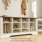 Itaar Hall Tree with Bench and Shoe Storage, 5-in-1 Entryway Bench with Coat Rack, 10 Shoe Cubbies & 9 Coat Hooks, Barn Door & Adjustable Shelf (White)
