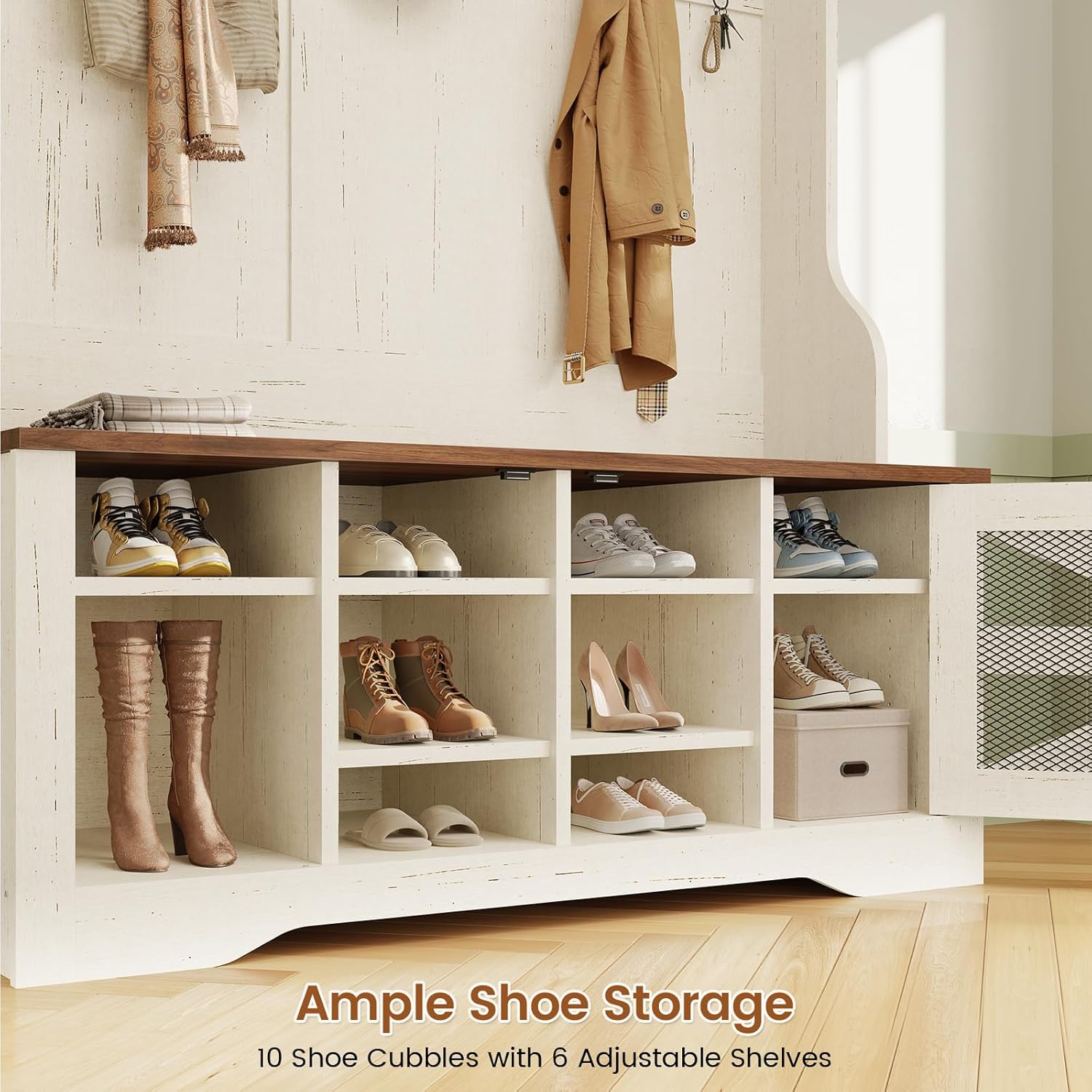Itaar Hall Tree with Bench and Shoe Storage, 5-in-1 Entryway Bench with Coat Rack, 10 Shoe Cubbies & 9 Coat Hooks, Barn Door & Adjustable Shelf (White)