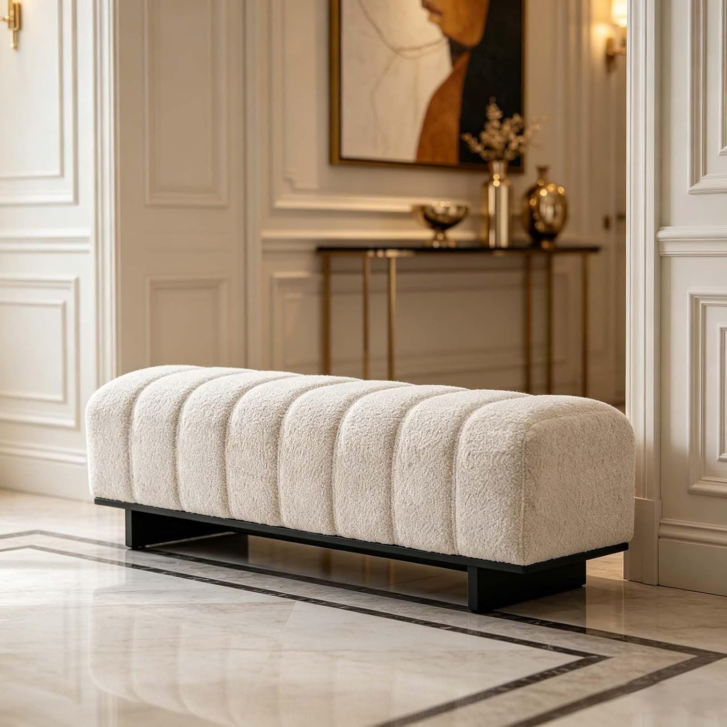 Channel Tufted Boucle Bench Firm Black Base Support Hallway Bedroom Living Room Functional Seating