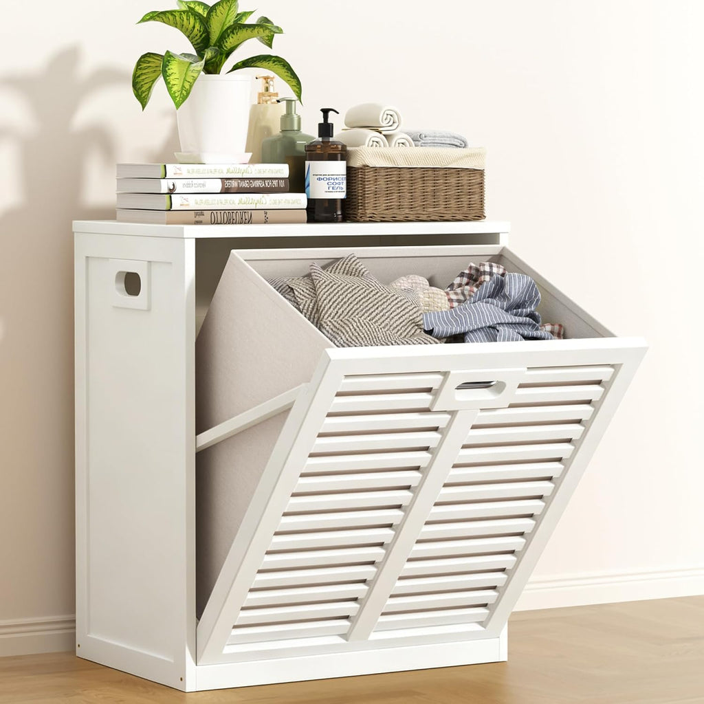 VASMIA Tilt Out Laundry Hamper, Bamboo Laundry Cabinet with Hidden Removable Basket,Dirty Clothes Storage Organizer for Bedroom, Bathroom, Living Room, White