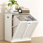VASMIA Tilt Out Laundry Hamper, Bamboo Laundry Cabinet with Hidden Removable Basket,Dirty Clothes Storage Organizer for Bedroom, Bathroom, Living Room, White