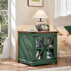 Joaxswe Farmhouse End Table with Charging Station, 24" Large Sofa Side Table with Glass Barn Door, Green Nightstand with Adjustable Storage Shelf, Wood Square Bedside Table for Living Room, Bedroom