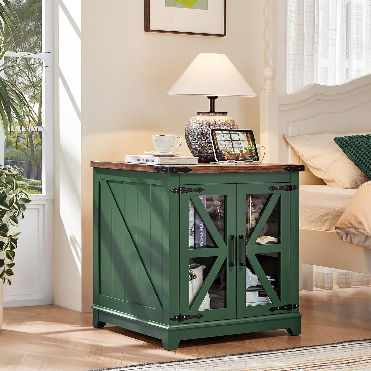 Joaxswe Farmhouse End Table with Charging Station Set 2, 24" Large Sofa Side Table with Glass Barn Door, Nightstand with Adjustable Storage Shelf, Wood Square Bedside Table for Living Room, Bedroom