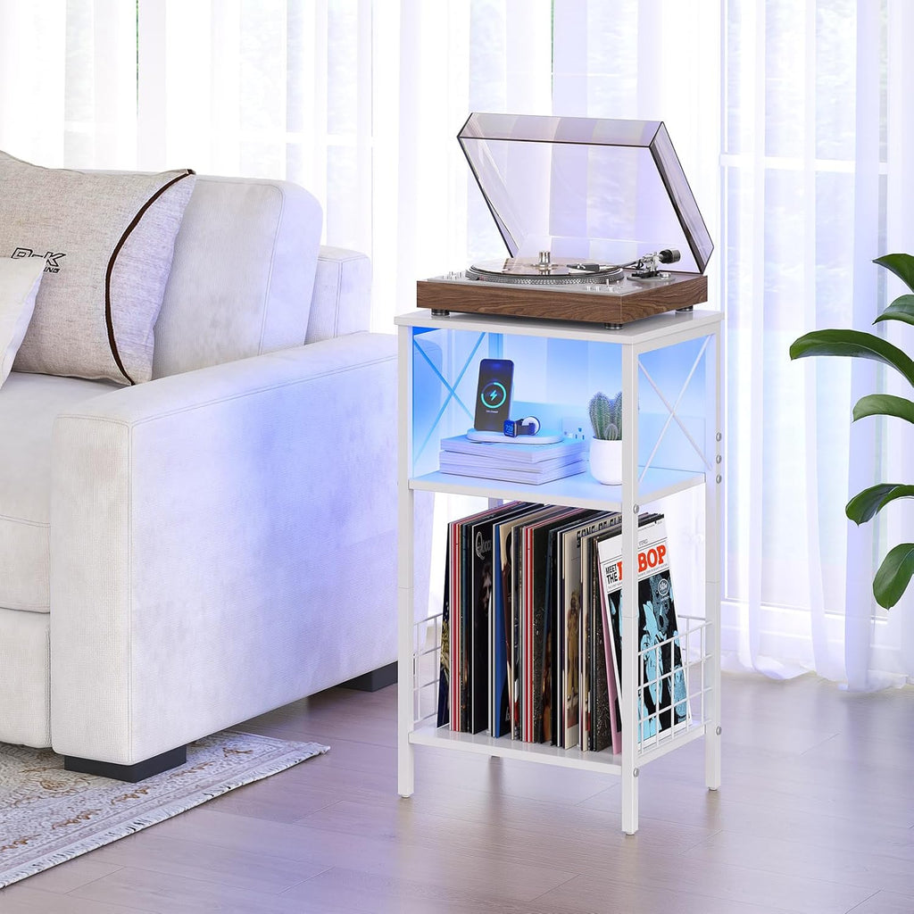 sthmec 3 Tiers End Table with Charging Station, LED Record Player Stand for Vinyl Storage, Vinyl Storage for Albums, Vinyls Shelf Record Player Table for Living Room, Bedroom White