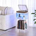 sthmec 3 Tiers End Table with Charging Station, LED Record Player Stand for Vinyl Storage, Vinyl Storage for Albums, Vinyls Shelf Record Player Table for Living Room, Bedroom White