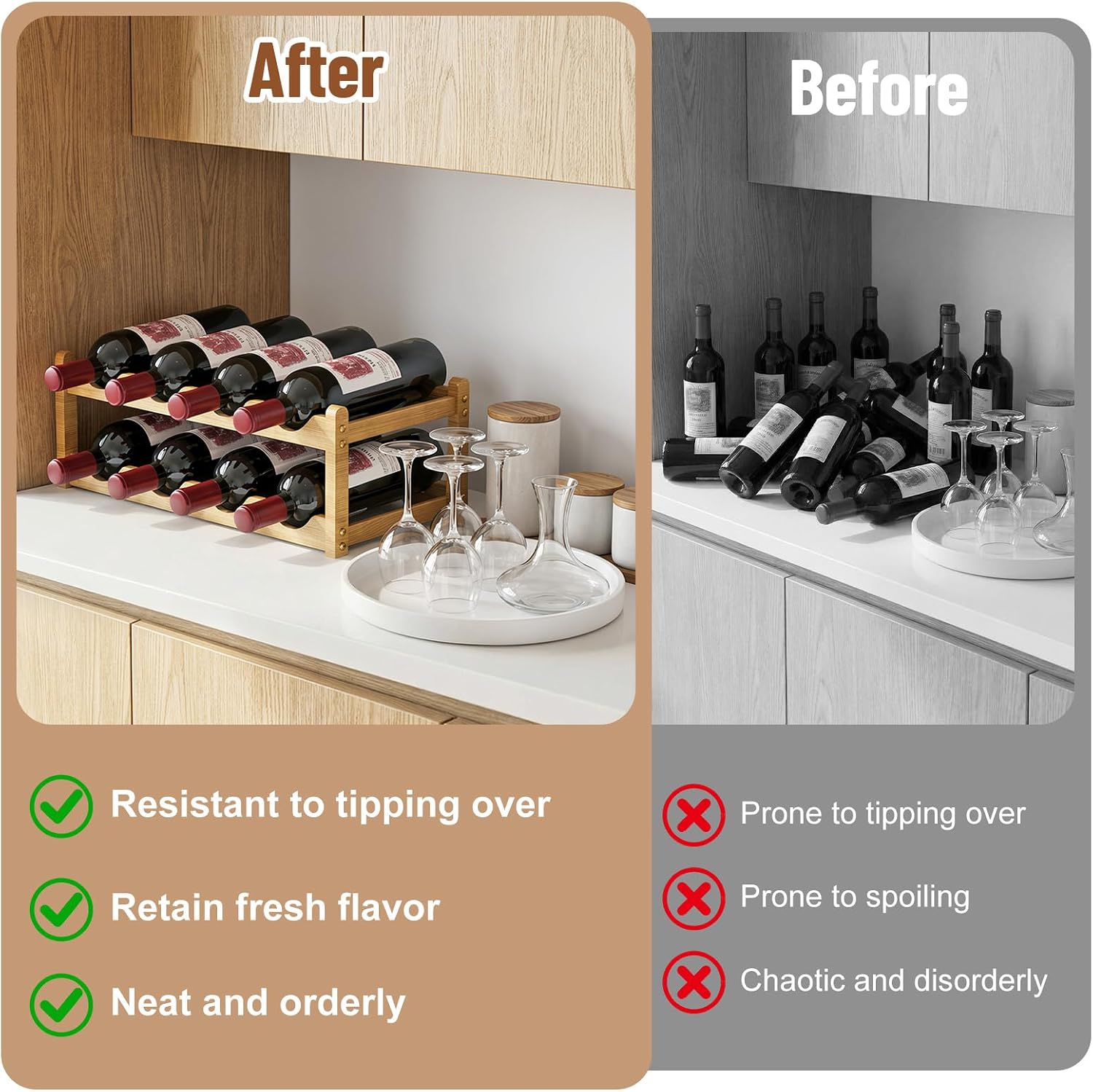 Nuovoware Bamboo Wine Rack, 2-Tier 8 Bottles Stackable Wine Rack with Wavy Groove, Sturdy Freestanding Countertop Shelf for Kitchen Pantry Dining Room Basement Bar Cellar, Wood Color