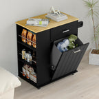 HQZX Rolling Kitchen Island with Trash Can Storage, Black | Portable & Movable & Lockable Wheels, Towel Rack & Spice Rack, Tilt Out Trash Can Cabinet with Drawer, Mobile Island Cart
