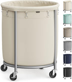 SONGMICS 50.2-Gallon (190 L) Laundry Basket with Wheels, Rolling Round Heavy-Duty Laundry Hamper Cart with Steel Frame and Removable Bag, 2 Locking, White and Metallic Silver, URLS01MZ