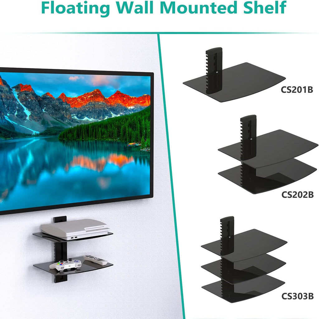 WALI Floating TV Shelf, 2 Tier Glass Projector Shelf for DVD Players, Routers, Game Consoles, Cable Boxes, Living Room Decor, Wall Mount Shelves Hold Up to 17.6lbs (CS202B), 2-Shelf, Black