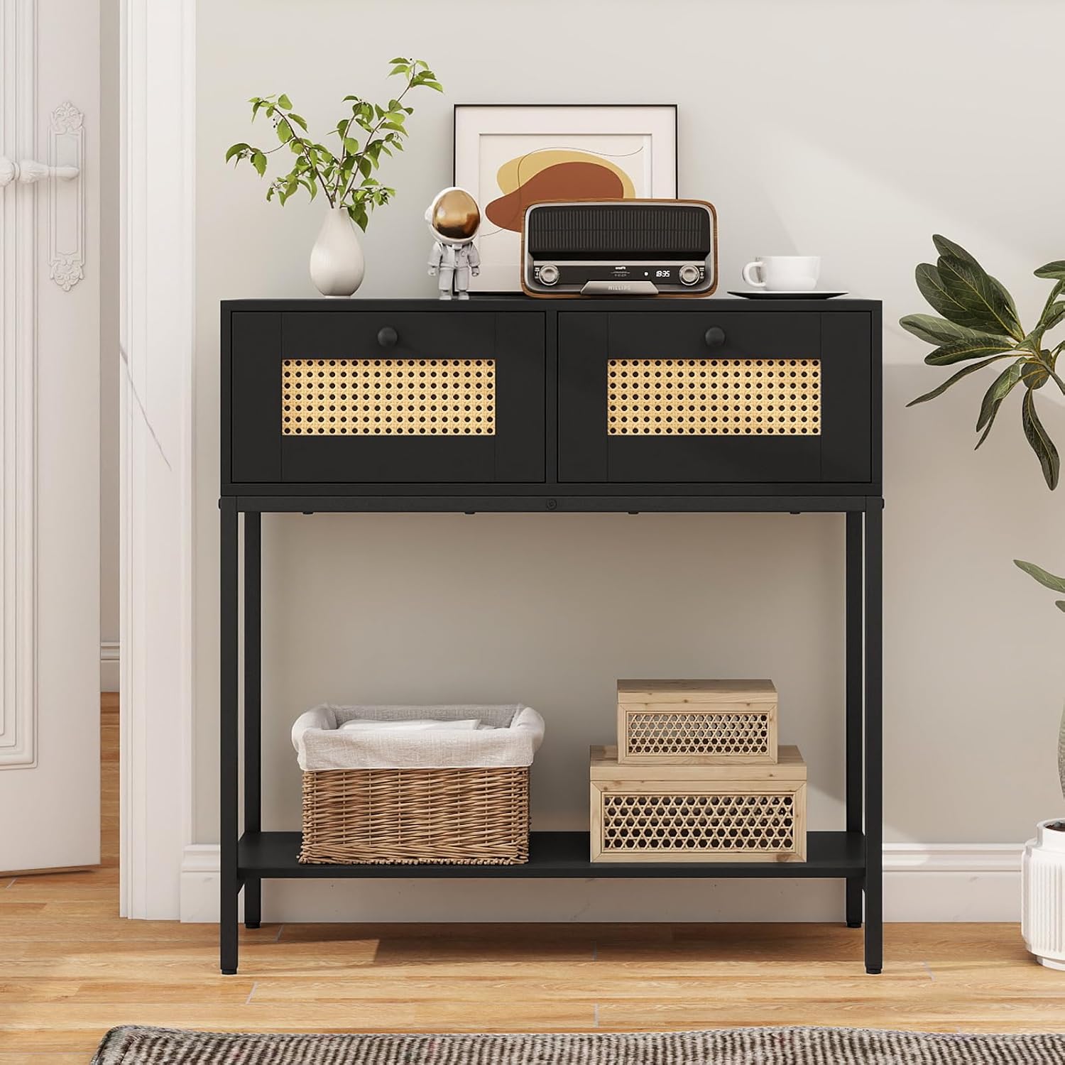 GOFLAME Rattan Console Table, Boho Entryway Table with 2 Drawers & Open Storage Shelf, Narrow Long Sofa Table with Metal Legs, Foyer Table Behind Couch Table for Living Room, Hallway, Black