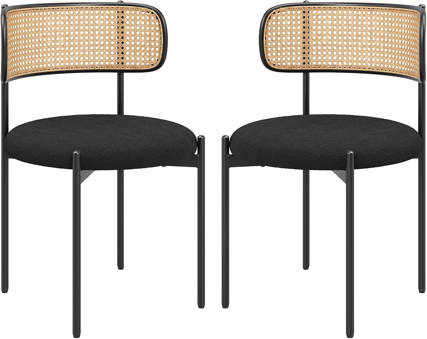 Farini Dining Chairs Set of 4,Mid-Century Modern Kitchen Chair Rattan Backrest Round Upholstered Sherpa Dining Chairs with Metal Legs,Black