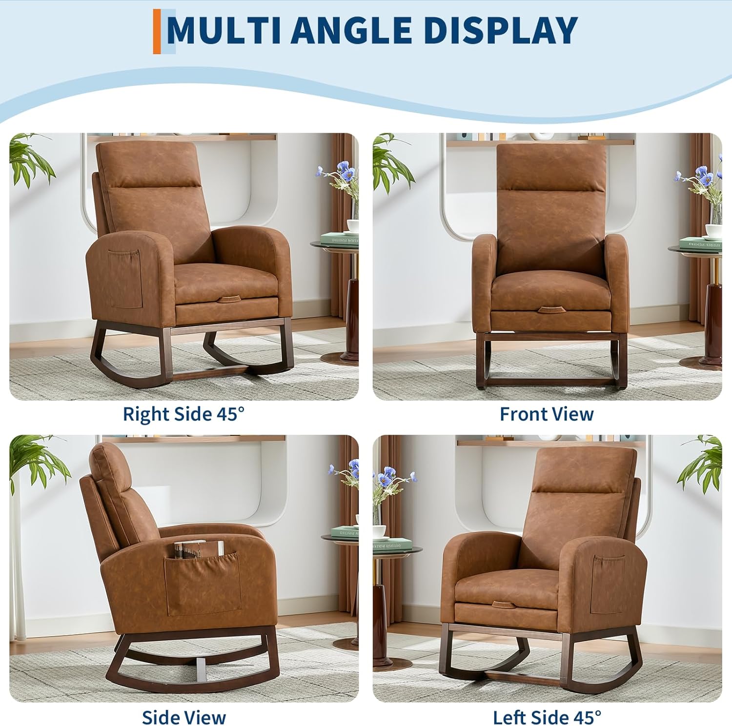 Upholstered Rocking Glider Chair with Footrest and Tall Backrest – Comfort Rocker for Nursing Moms, Bedroom, Living Room, Solid Wood Construction, Vintage Brown