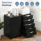 DUMOS 5 Drawer File Cabinet Office Drawers Organizer with Wheels Rolling, Under Desk Cabinets with Shelves and Door Printer Stand with Wood Board Metal Frame for Home Office Storage Craft Room, Black