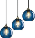 Blue Glass Pendant Lights Kitchen Island Lighting Globe Pendant Light Fixtures Modern Pendant Lighting for Kitchen Island Bedroom Living Dining Room Light Fixture(5.9in, 3-Pack)