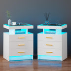 Set of 2 Nightstand with Charging Station and 3 Drawers for Bedroom Black | High Gloss Bedside Table with 3 Color Dimmable Light, LED Night Stand with USB Type-C Port