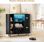 ONBRILL 55" Fluted Wine Bar Cabinet with LED Lights, Coffee Bar Cabinet with Power Outlet, Modern Liquor Whiskey Cabinets with Wine Rack and Glass Holder, Home Bar for Living Room Kitchen