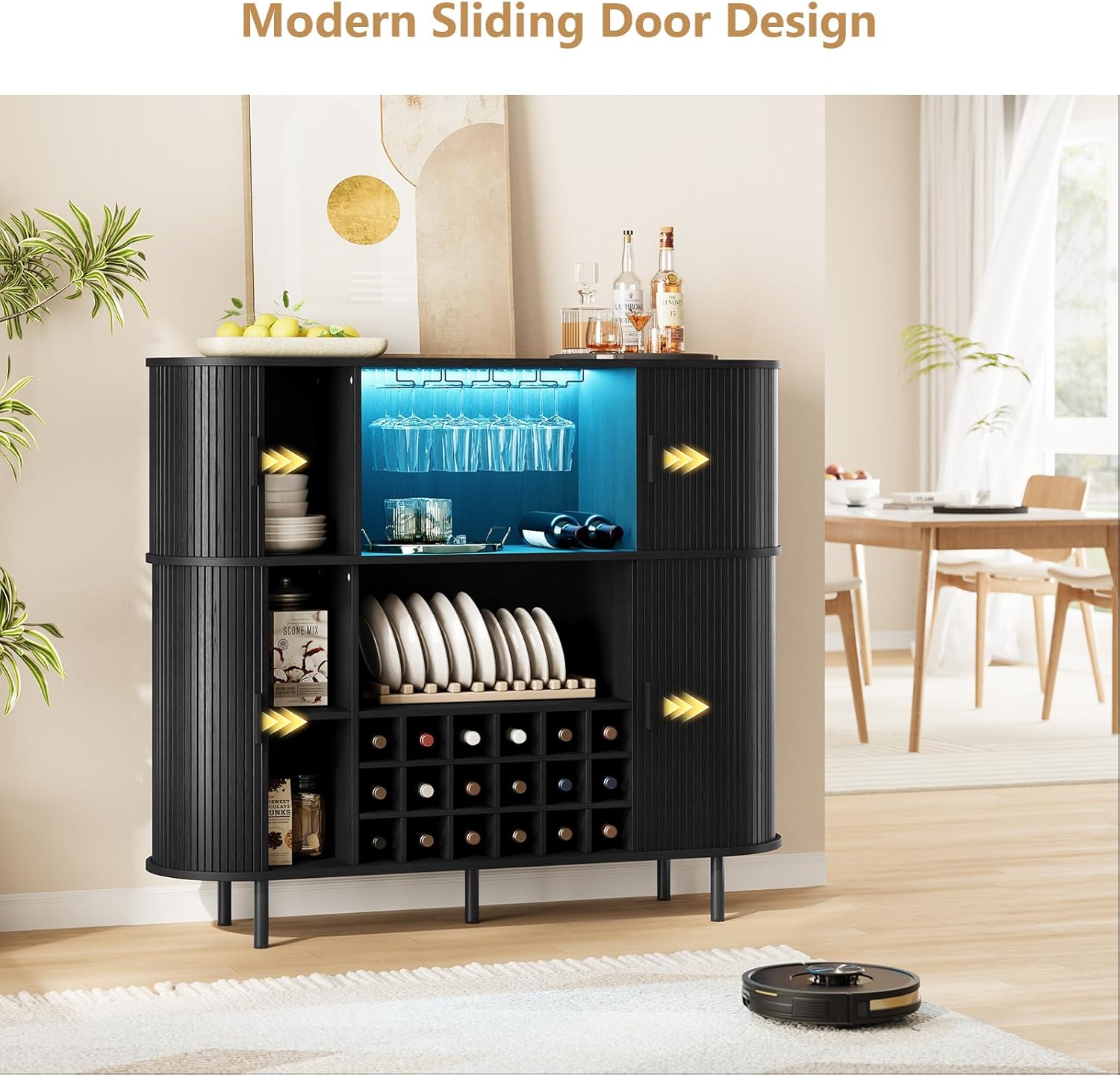 ONBRILL 55" Fluted Wine Bar Cabinet with LED Lights, Coffee Bar Cabinet with Power Outlet, Modern Liquor Whiskey Cabinets with Wine Rack and Glass Holder, Home Bar for Living Room Kitchen