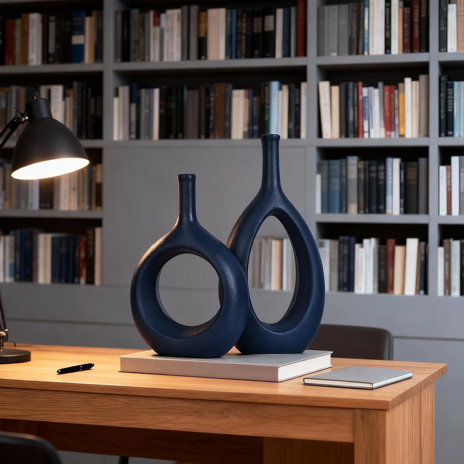 Navy Blue Ceramic Hollow Elliptical Vase Set of 2 - Boho Circle Vase with Hole, for Modern Navy Blue Table Decor, Living Room Decor Shelf mid Century Modern Home Entrance Decorative vase