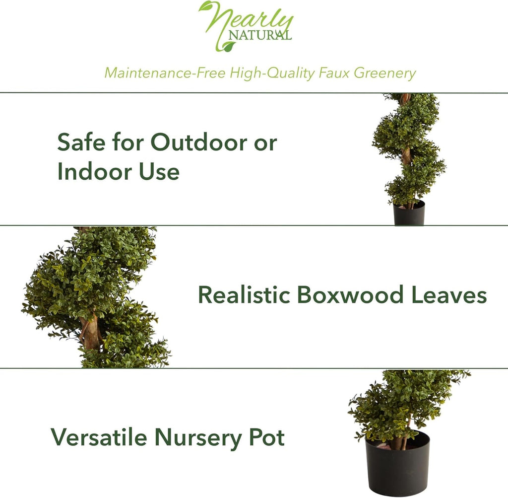 Nearly Natural 33in. Artificial Boxwood Spiral Topiary, Faux Greenery with Black Planter, Indoor/Outdoor Decor