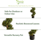 Nearly Natural 33in. Artificial Boxwood Spiral Topiary, Faux Greenery with Black Planter, Indoor/Outdoor Decor