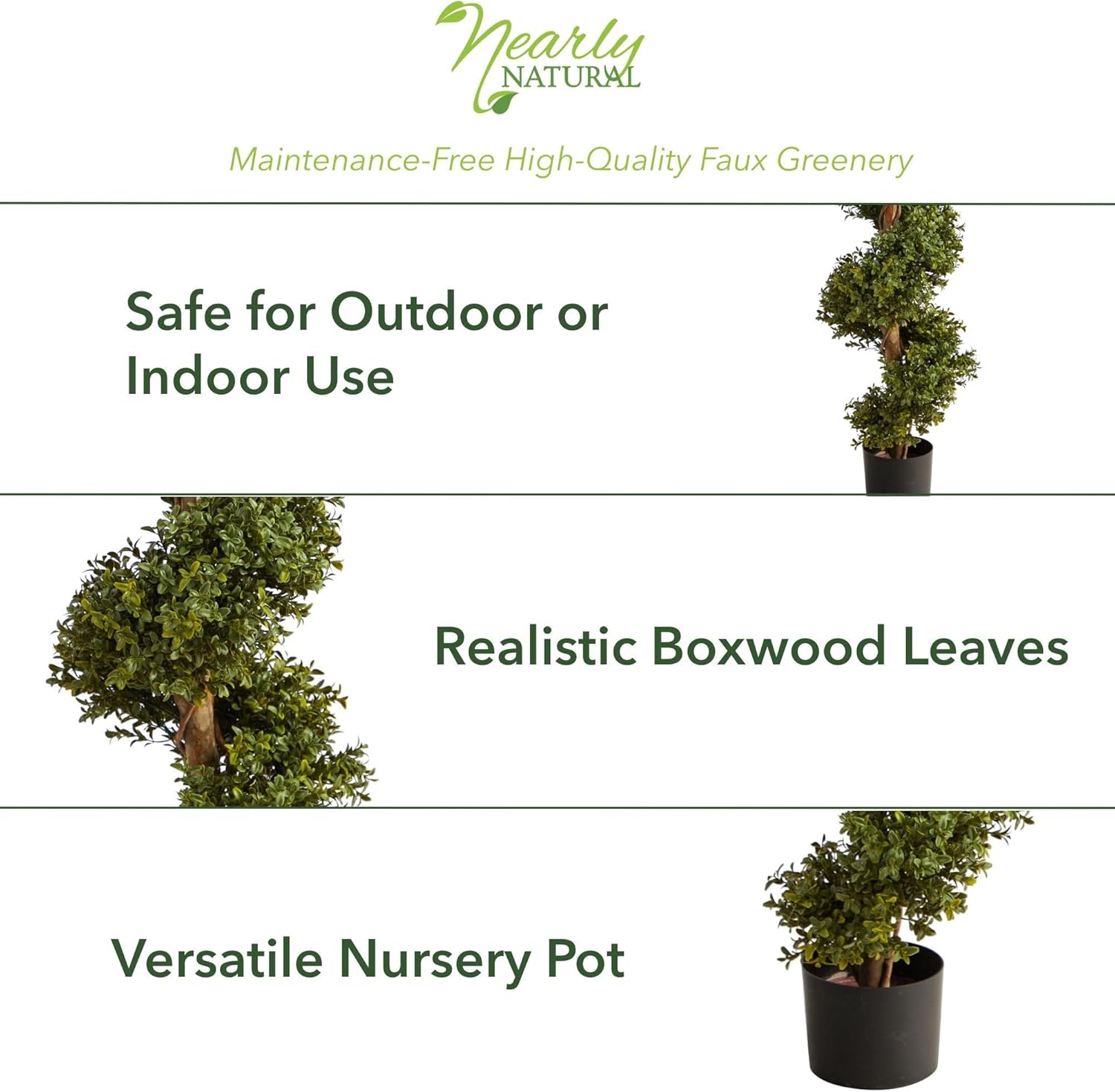 Nearly Natural 33in. Artificial Boxwood Spiral Topiary, Faux Greenery with Black Planter, Indoor/Outdoor Decor