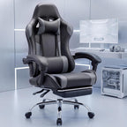Computer Gaming Chair with Footrest, Ergonomic High Back PU Leather Video Racing Chair with Adjustable Headrest & Linkage Armrest, for Office and Home, Adults, Grey