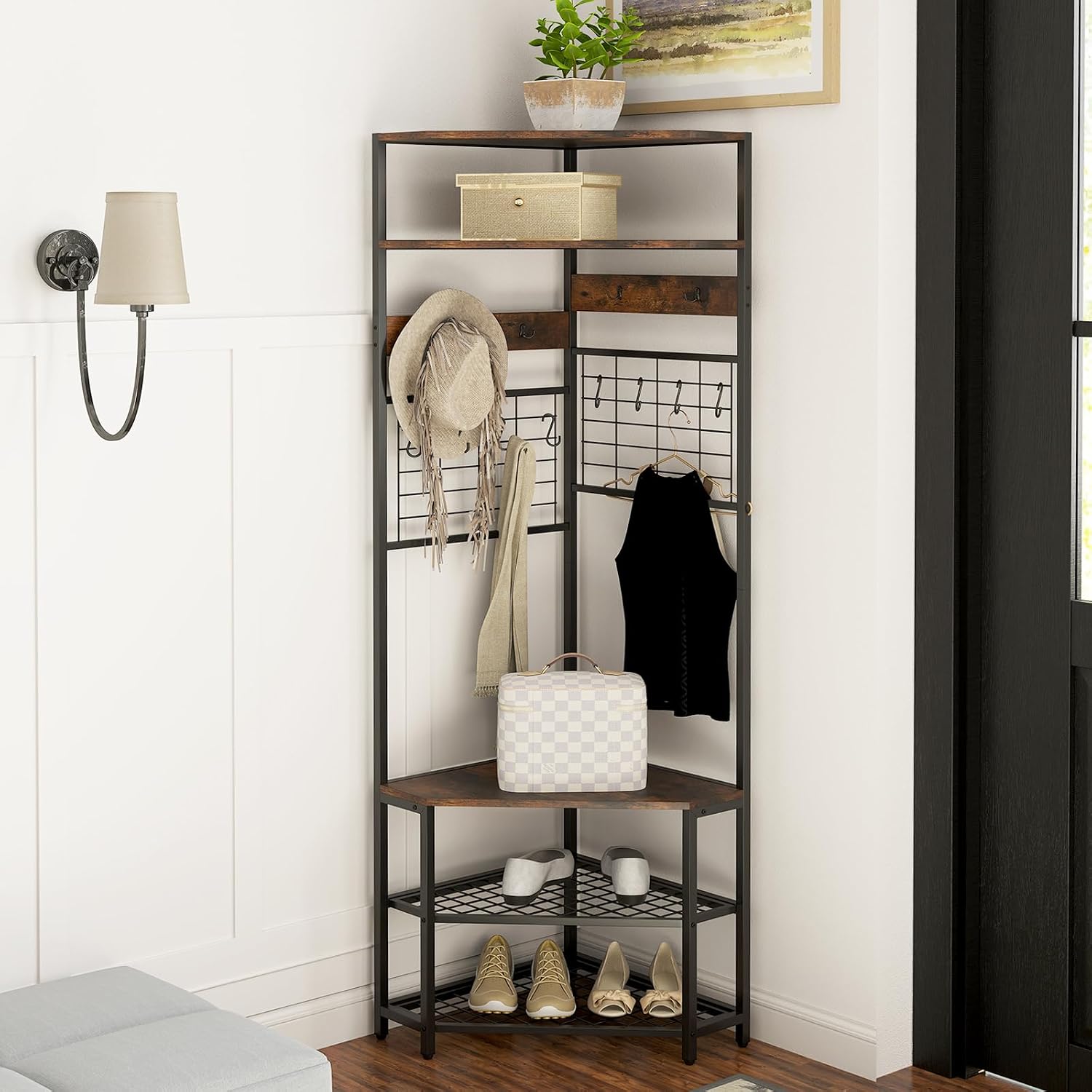 Giantex Corner Hall Tree, 73" Tall Coat Rack w/Shoe Storage Bench, 12 Metal Hooks, 5-Tier Entryway Shoes Shelf Organizer, Freestanding Clothes Rack for Living Room, Bedroom (Rustic Brown & Black)