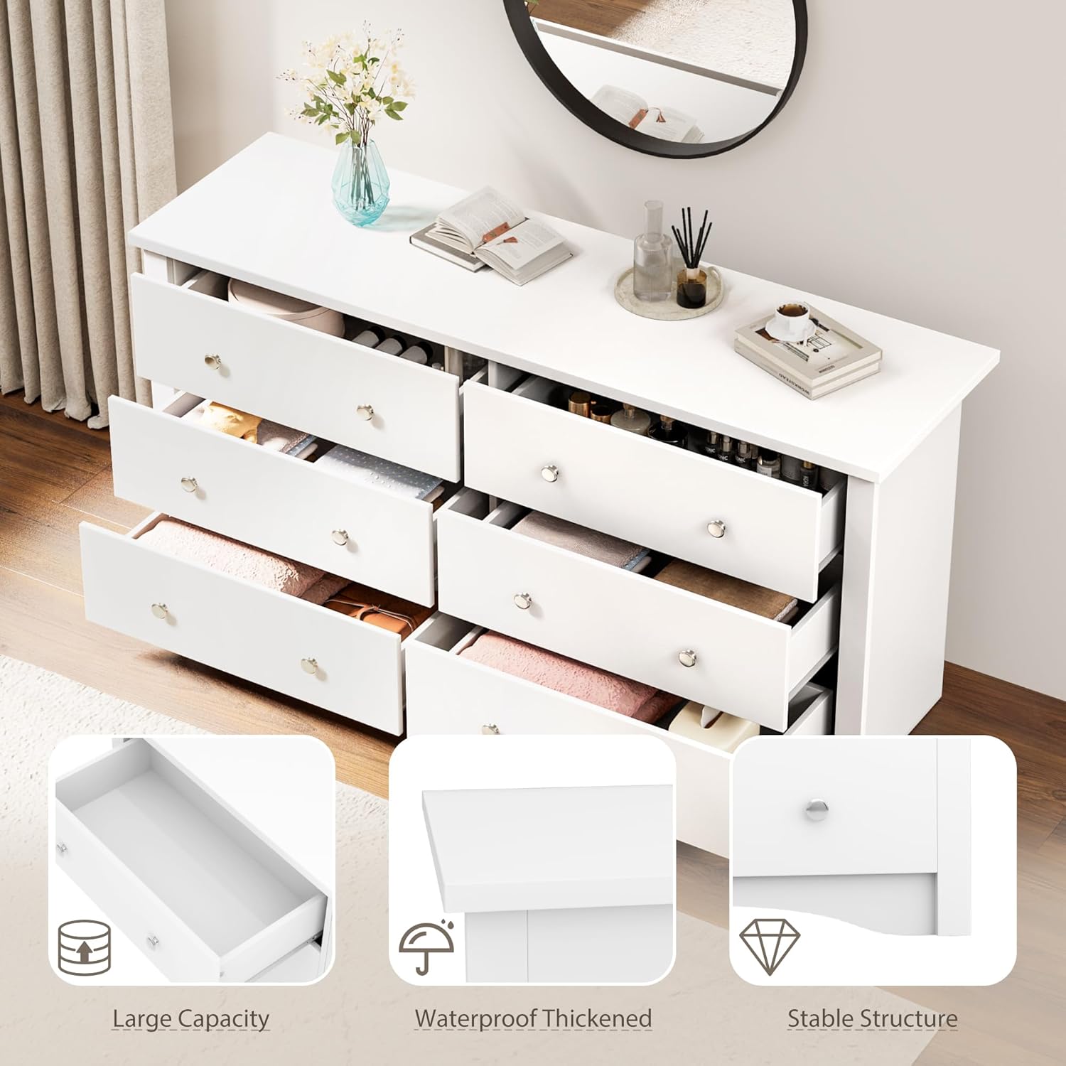 YESHOMY Dresser for Bedroom with 6 Drawer, 47.2" TV Stand, Organizer Drawers for Bedroom, Living, Hallway (Light White)