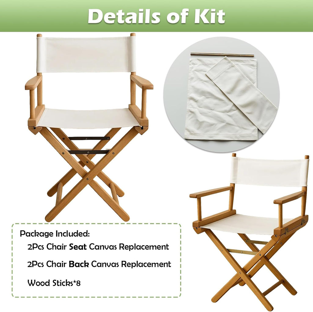 STAY GENT 18''L X 15''W 2 Set Directors Chair Replacement Canvas for 18'' Director Chairs, Replacement Cover Canvas Seat and 19.7''L X 6.3''W Back Covers Kit for Director Chairs Movie Chair, White