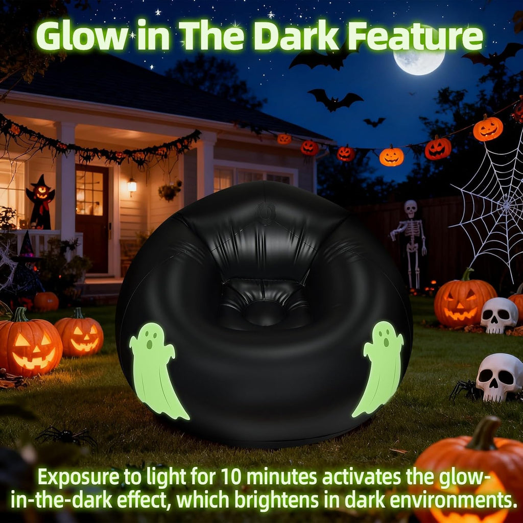 Inflatable Bean Bag Chair Sofa for Kids with Ghost Pattern Glow in the Dark, Blow up Air Lounge Chairs Furniture Couch for Camping Movie Night Party Halloween Decorations Decor