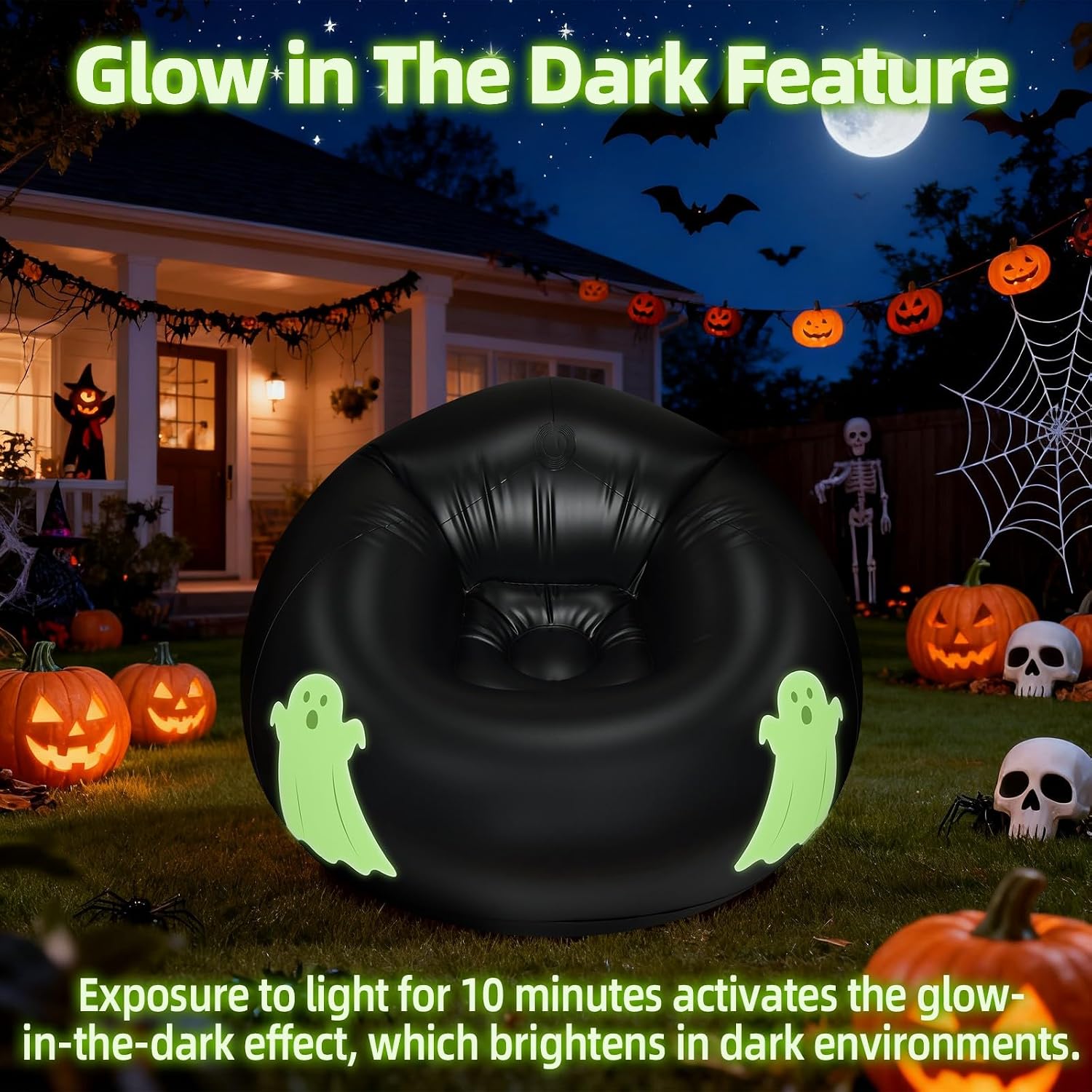 Inflatable Bean Bag Chair Sofa for Kids with Ghost Pattern Glow in the Dark, Blow up Air Lounge Chairs Furniture Couch for Camping Movie Night Party Halloween Decorations Decor
