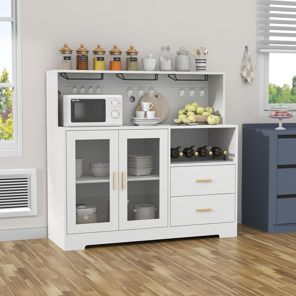 Bar Cabinet for Home with LED Light, Coffee Bar Cabinet with Wine & Glass Rack, Wine Cabinets with Storage Cabinet &Drawers, Modern Liquor Cabinets for Kitchen, Living Room, Dining Room (White)