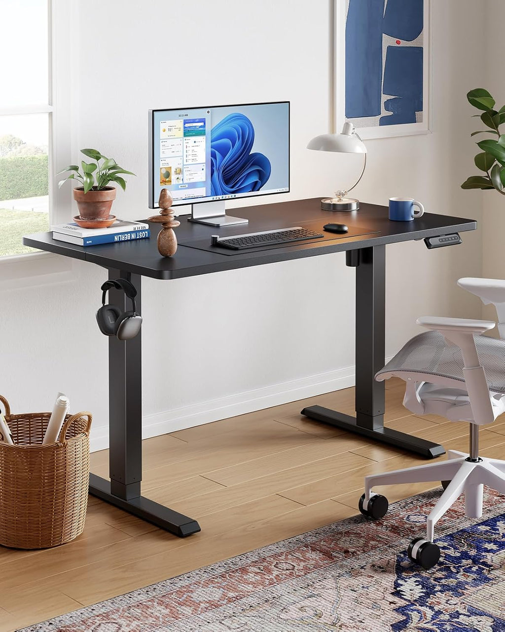 HUANUO 48 x 24 Inch Electric Standing Desk, Height Adjustable Computer Gaming Desk with 4 Memory Presets, Home Office Sit Stand Desk with Hooks & Cable Management, Black