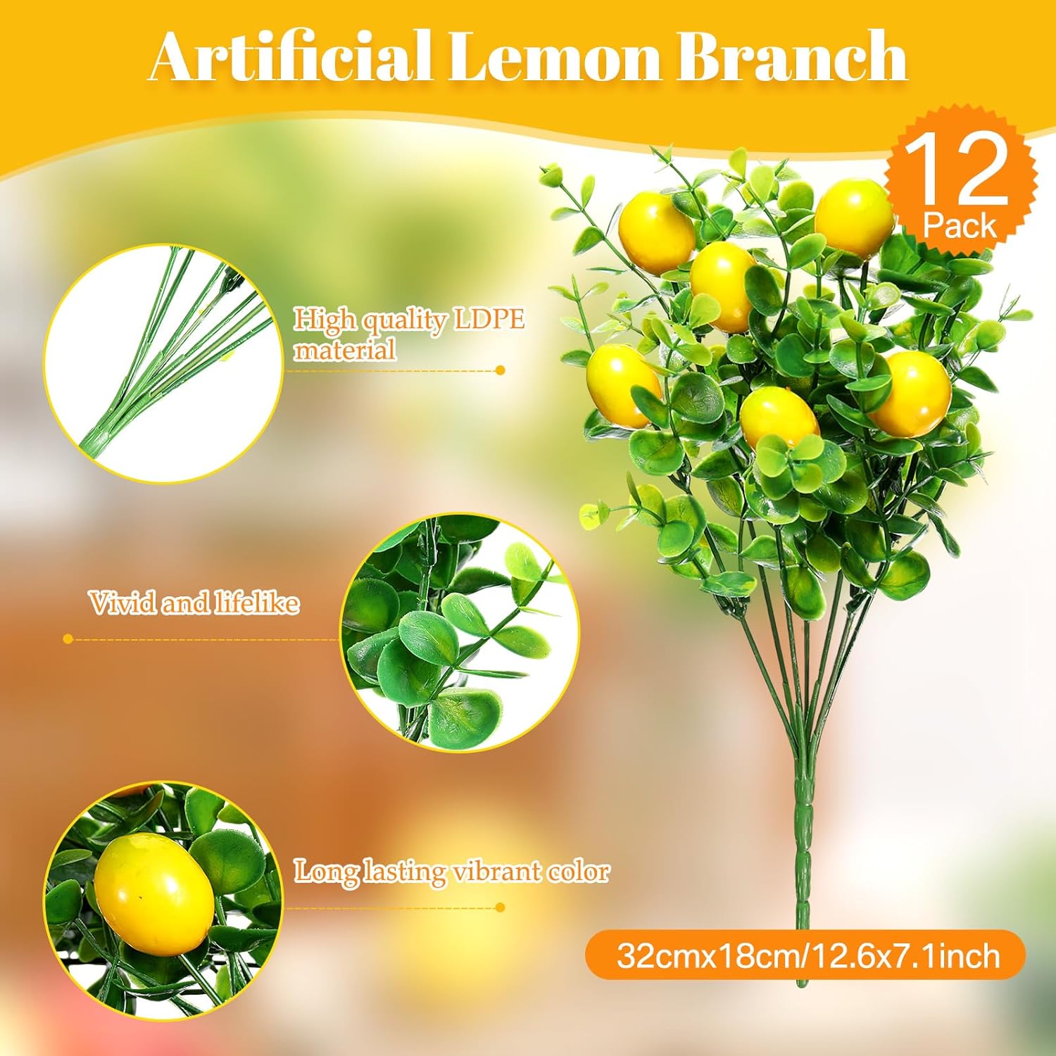 Tigeen 12 Pack Lemon for Decoration Fake Lemon Branches Artificial Vivid Yellow Faux Lemons Tables Centerpiece for Kitchen Stem Fruits for Home Spring Summer Decor