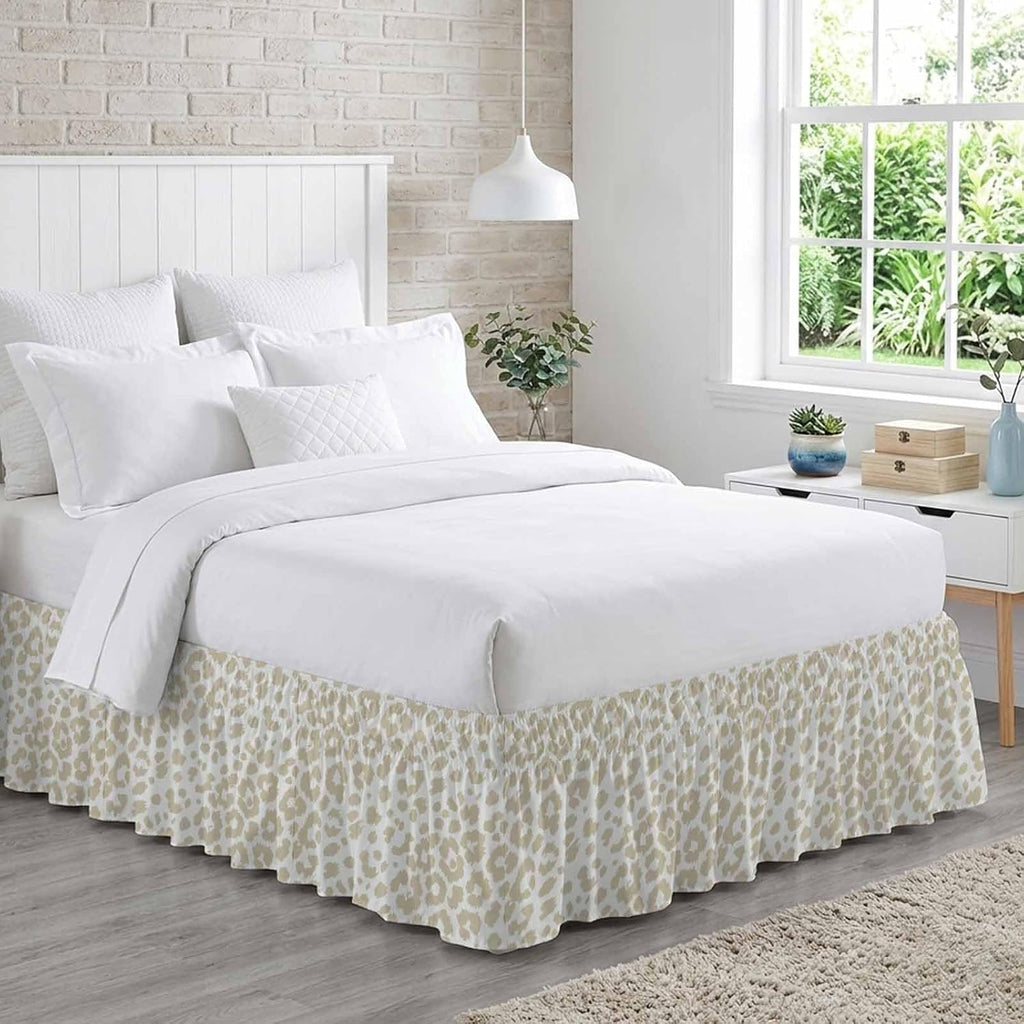 Bed Skirt Cream Leopard Print Bedskirt 18 Inch Drop Animal Fur Skin Adjustable Elastic Wrap Around Bed Skirts Dust Ruffle for Queen Size Bed Frame Cover Bedroom Decor