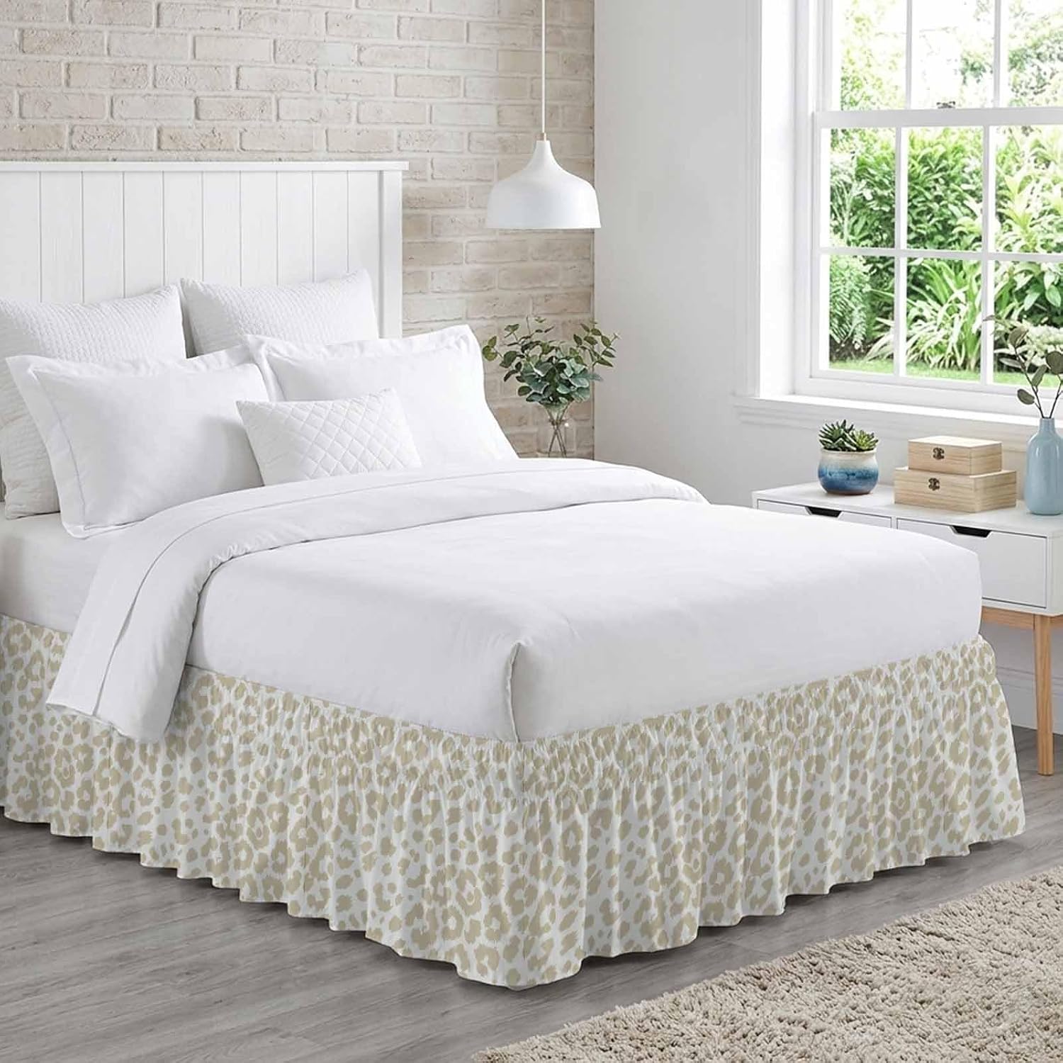 Bed Skirt Cream Leopard Print Bedskirt 18 Inch Drop Animal Fur Skin Adjustable Elastic Wrap Around Bed Skirts Dust Ruffle for Queen Size Bed Frame Cover Bedroom Decor