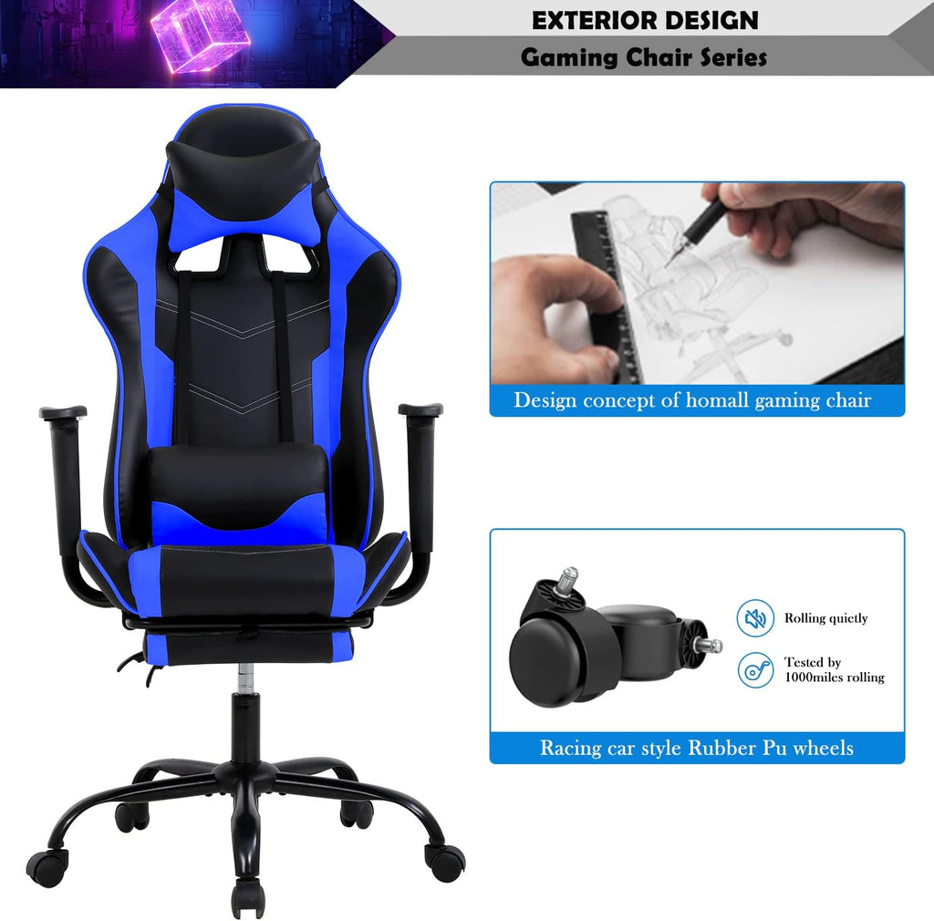 PC Computer Lumbar Support Headrest,High Back Racing Office Video Gaming Rolling Swivel Task Chair for Kids or Adults,Blue