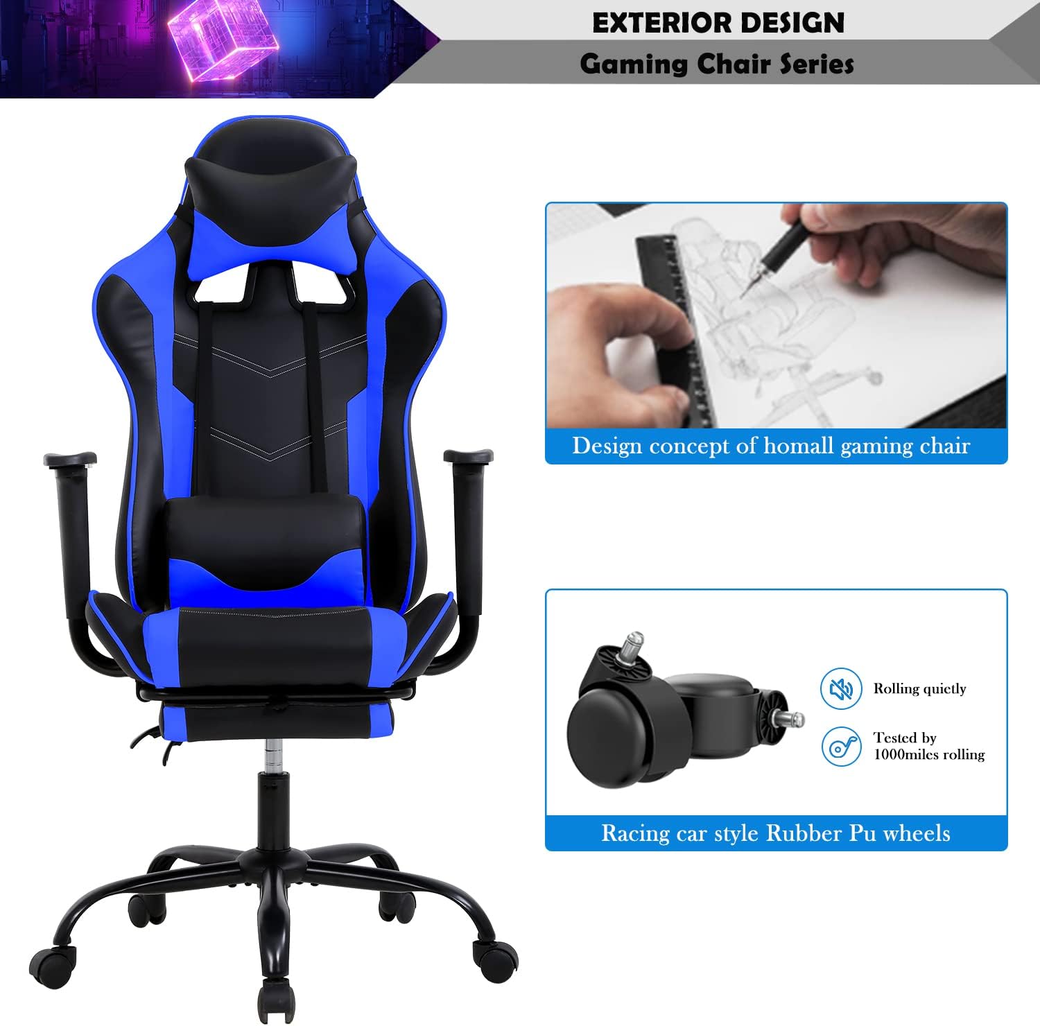 PC Computer Lumbar Support Headrest,High Back Racing Office Video Gaming Rolling Swivel Task Chair for Kids or Adults,Blue