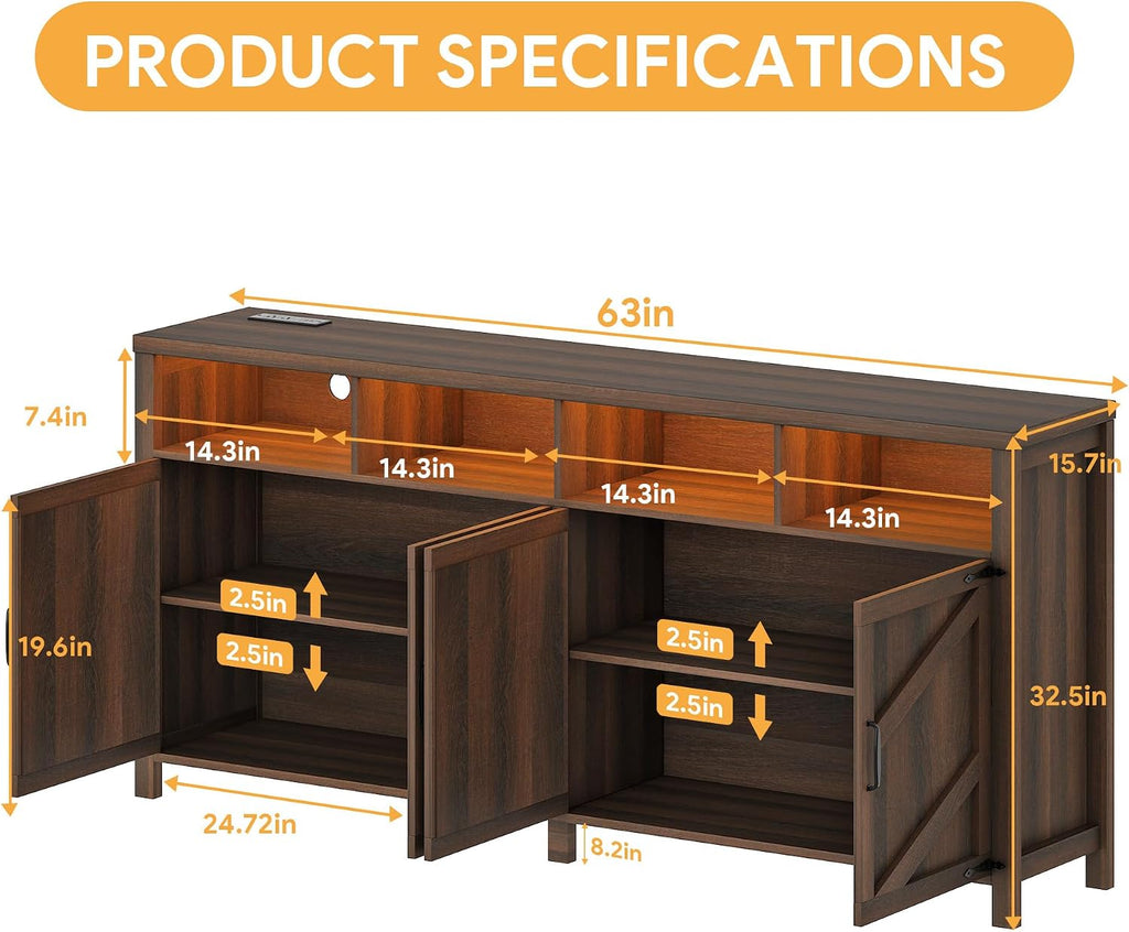 knoworld Buffet Sideboard with Storage Farmhouse with 4 Doors, 55'' Large Kitchen Storage Cabinet Wood Coffee Bar Buffet Table for Kitchen, Dining Room (Brown with Power Outlets & LED Light, 63in)
