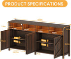 knoworld Buffet Sideboard with Storage Farmhouse with 4 Doors, 55'' Large Kitchen Storage Cabinet Wood Coffee Bar Buffet Table for Kitchen, Dining Room (Brown with Power Outlets & LED Light, 63in)