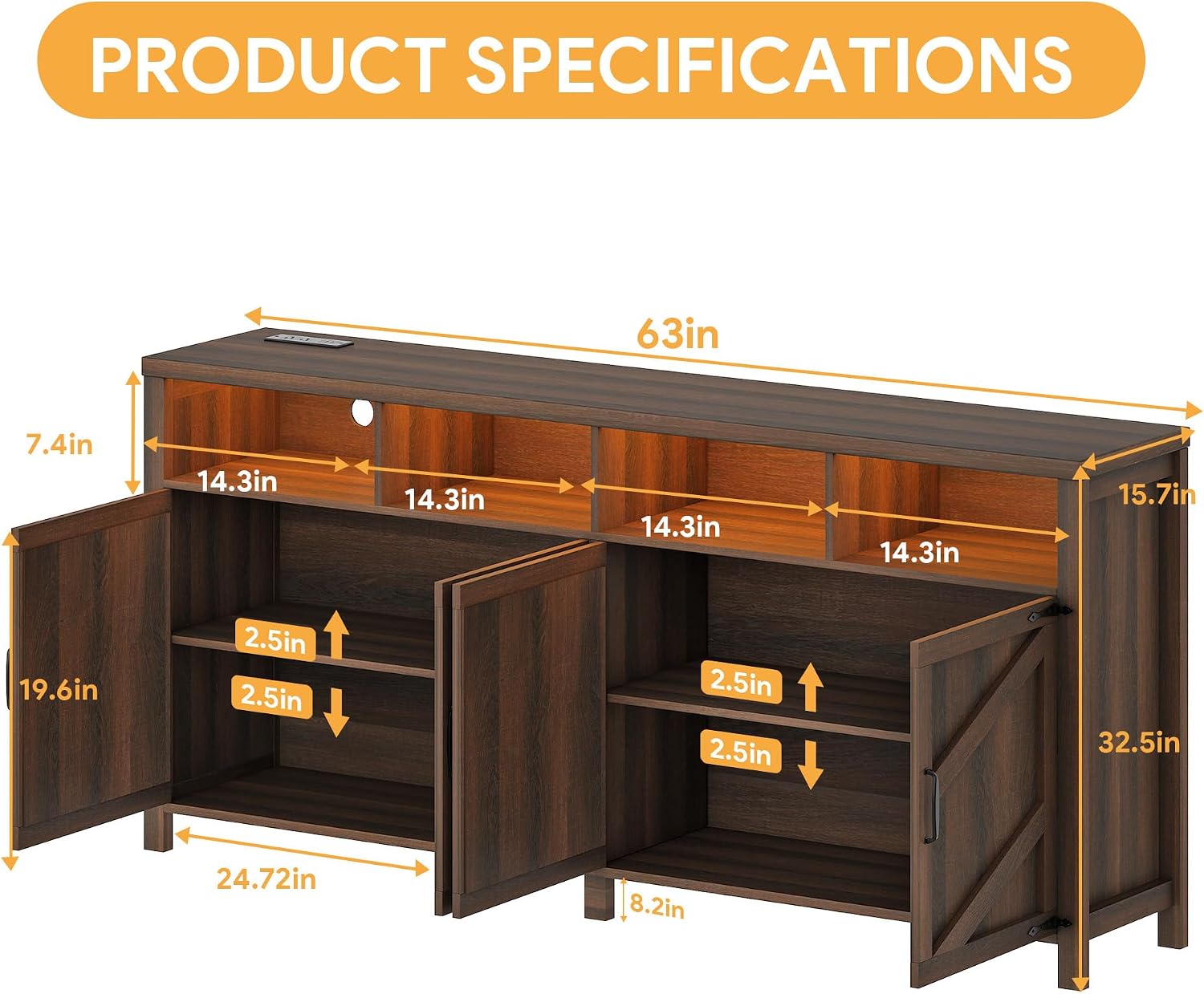 knoworld Buffet Sideboard with Storage Farmhouse with 4 Doors, 55'' Large Kitchen Storage Cabinet Wood Coffee Bar Buffet Table for Kitchen, Dining Room (Brown with Power Outlets & LED Light, 63in)