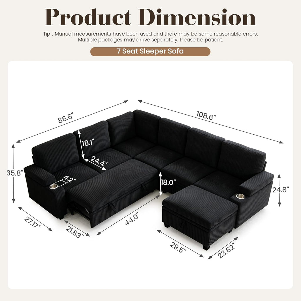 Modular Sectional Sofa Bed with Cup Holders, L-Shaped Pull Out Couch with Storage, Modern Corduroy Sleeper Sofa for Living Room(Black, 7 Seat)
