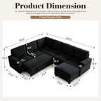 Modular Sectional Sofa Bed with Cup Holders, L-Shaped Pull Out Couch with Storage, Modern Corduroy Sleeper Sofa for Living Room(Black, 7 Seat)