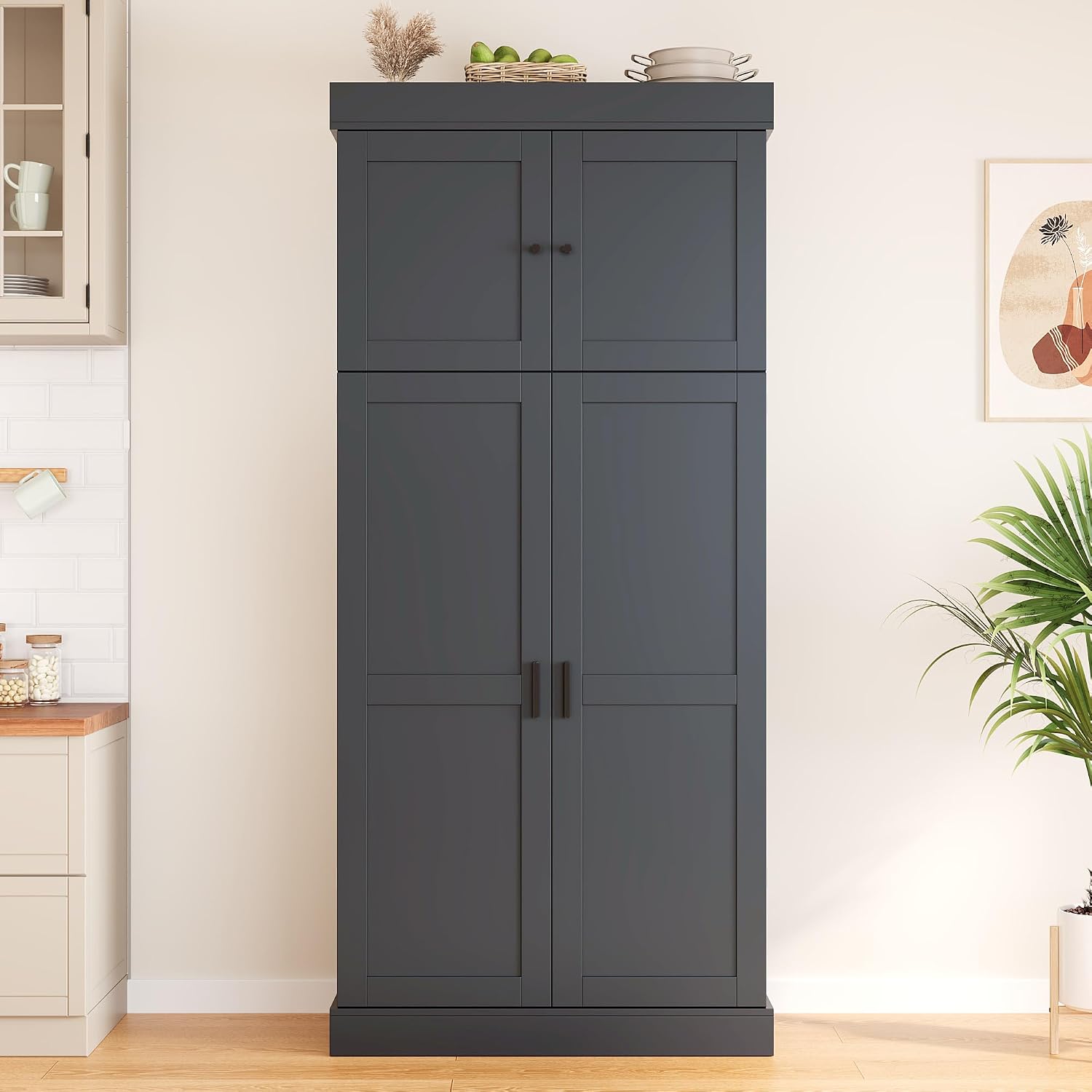 77'' Tall Freestanding Kitchen Pantry, Kitchen Storage Cabinets with Adjustable Shelves, Door Shelves, Drawers and Wine Racks, Versatile Cupboard for Dining Room, Living Room,Grey