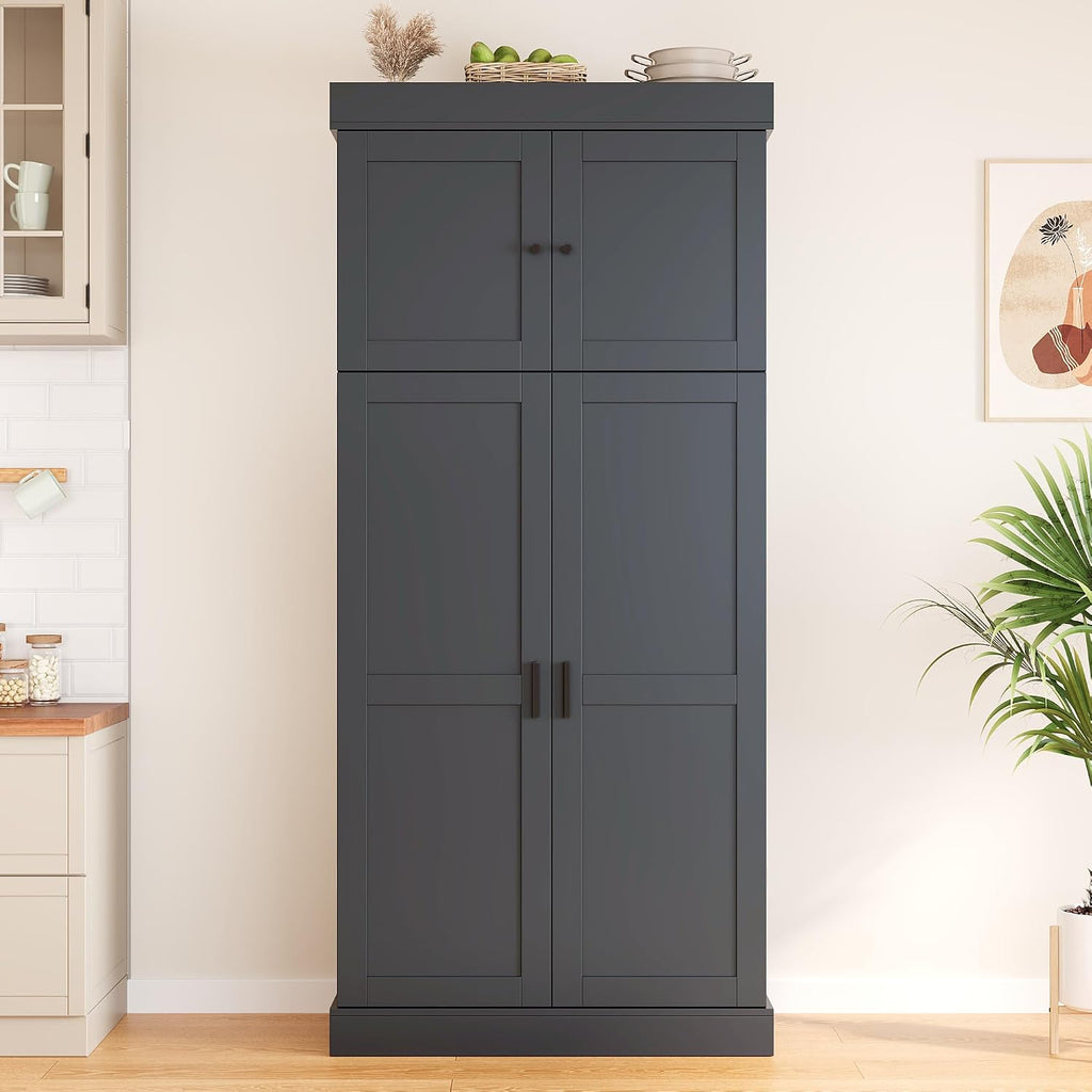 Tall Kitchen Pantry Cabinet with Adjustable Shelves, Modern Freestanding Cupboard with Door Shelves, Drawers and Wine Racks for Dining Room (Grey)