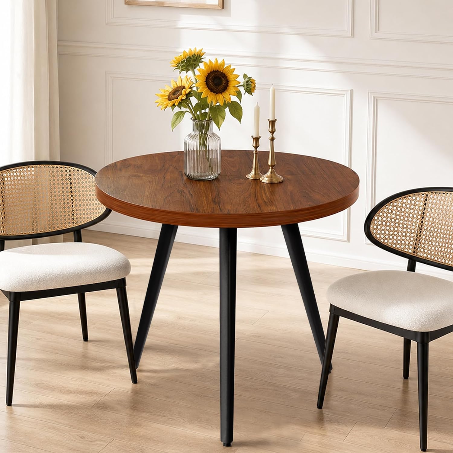 Round Dining Table, Small Dining Table for 2, 31.5" Round Table, Mid-Century Modern Kitchen Table with 1.4" Thickness Wood Grain Tabletop for or Small Space, Dining Room, Kitchen, UG Brown